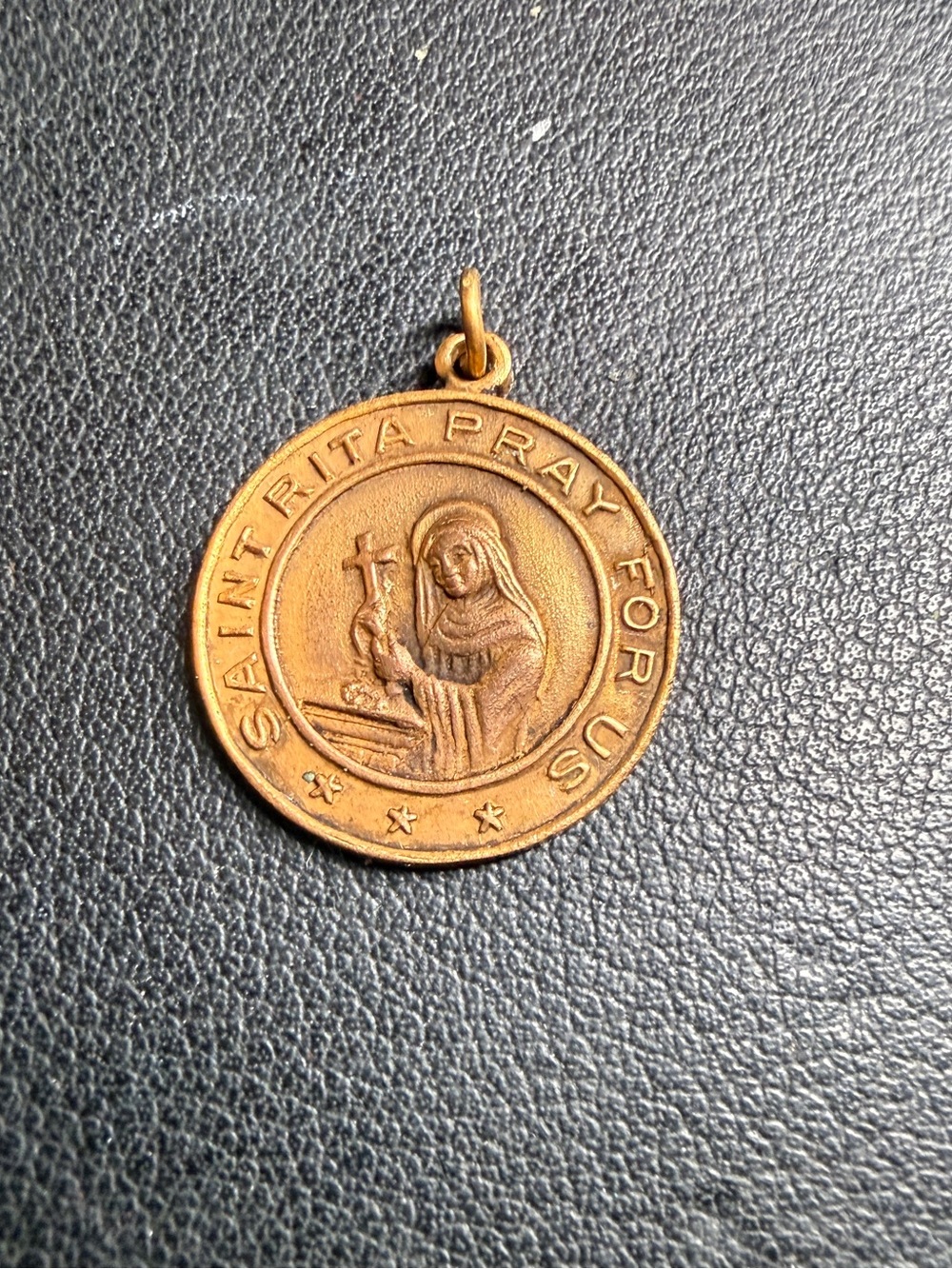 Vintage Gold Brass Tone Catholic Saint Rita & Sacred Heart Jesus Pendant 3/4"